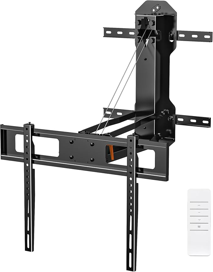 WHYFONE Motorized TV Mount with Remote for 32 to 85 inch Screen up to 88 lbs, Electric TV Mount Drop Down 17.7” Height-Adjustable on Fireplace, Max VESA 600x400mm, 8-16" Wood Stud/Brick/Concrete Wall