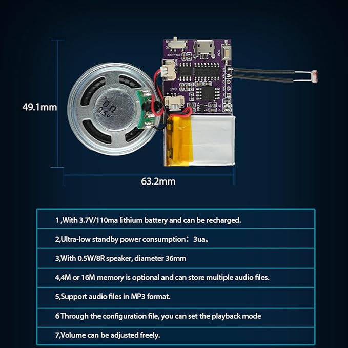 Voice Module,MP3 Music Sound Chips, 16MB Sound Module for Crafts, Christmas, New Year Greeting Cards, Box with Speaker Lithium Battery Powered and USB Cable. (JR-JX7004-Light - 2P)
