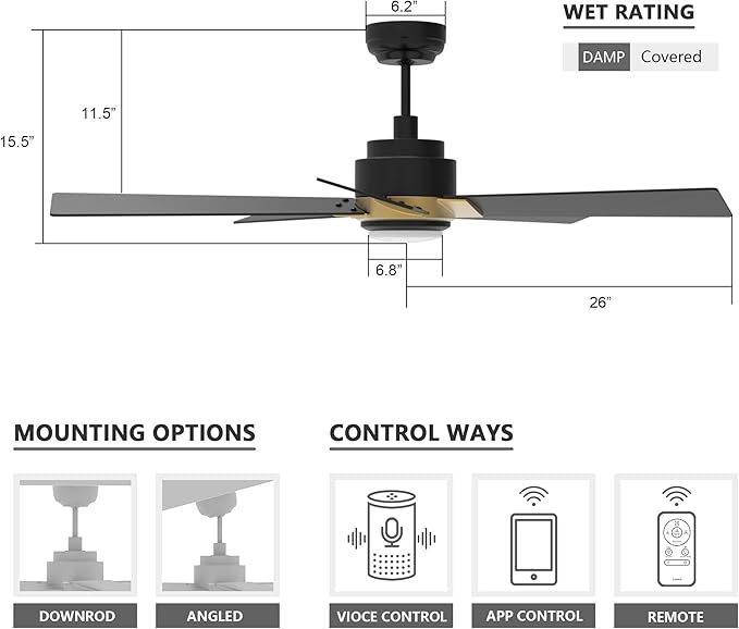 SMAAIR Smart Ceiling Fans with Lights and Remote, 52 Inch Low Profile Ceiling Fan with Dimmable LED Light, 10-Speed Reversible DC Motor Works with APP/Alexa/Google Assistant/Siri Control(Black/Gold)