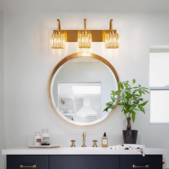 FDPBY Crystal Vanity Lights 3-Light Gold Bathroom Vanity Lights Modern Crystal Bathroom Light Fixtures Over Mirror 23.62" Long Vanity Light for Bathroom