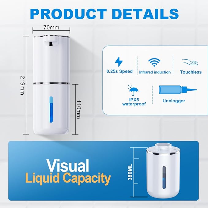 Automatic Liquid Soap Dispenser, 12.8oz/380ml Wall Mount Touchless Soap Dispenser with Sensor, 4-Level Adjustable, IPX5 Waterproof, USB Rechargeable for Bathroom, Kitchen