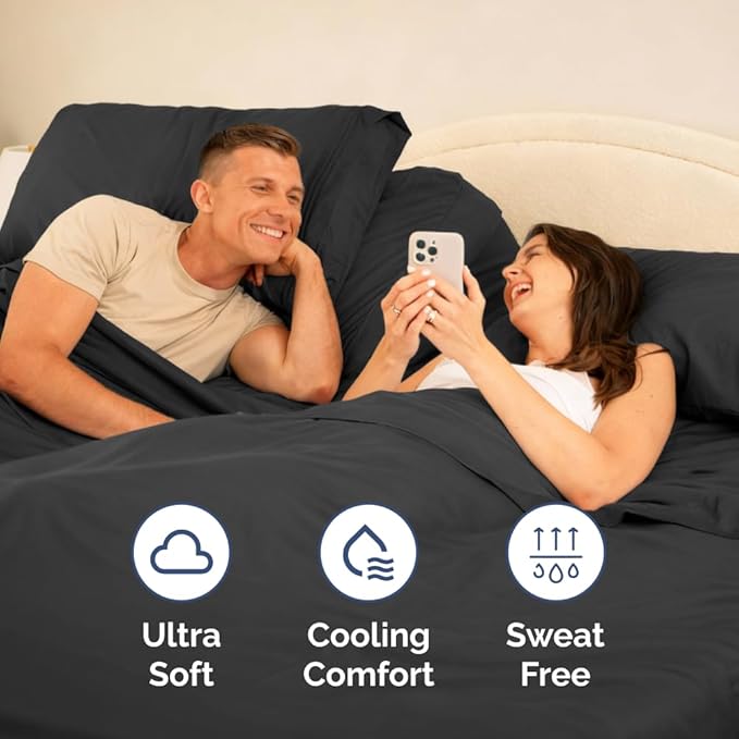 Split Head King Sheet Set – 4 Piece Flex Split Top King Sheets for Adjustable Beds - Fits 14” to 16" Mattress w/ Deep Pockets - Ultra-Soft, Breathable & Cooling - Luxury Bedding & Wrinkle Free - Black