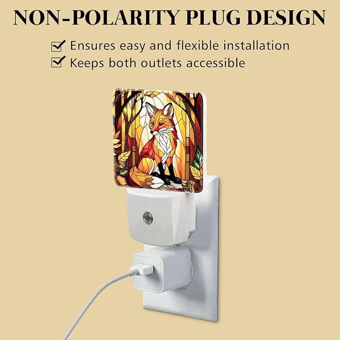 PODMemory Fox Stained Glass Night Lights Plug into Wall for Room, Fox Night Light LED for Bedroom