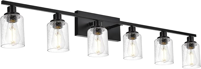 WINSHEN 6-Light Seeded Glass Vanity Light Fixtures in Matte Black Finish, 45.3 Inches Length Modern Bathroom Wall Lighting Over Mirror Wall Mount Lights