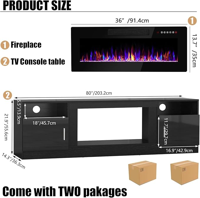 VITESSE TV Stand with 36" inch Electric Fireplace Up to 90" TVs, LED Light Entertainment Center, 80" Modern Wood High Gloss Fireplace with Highlight Storage Cabinet for Living Room (Black)