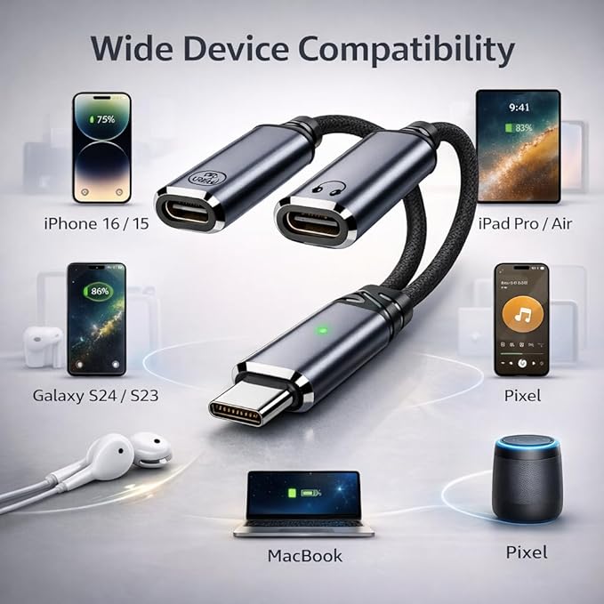 Mizi 2025 Upgraded USB C Splitter Adapter – 100W Fast Charging & Audio Dongle with Dual USB C Ports for iPhone 16/15, iPad, MacBook, Galaxy S24/S23, Pixel & More – Grey