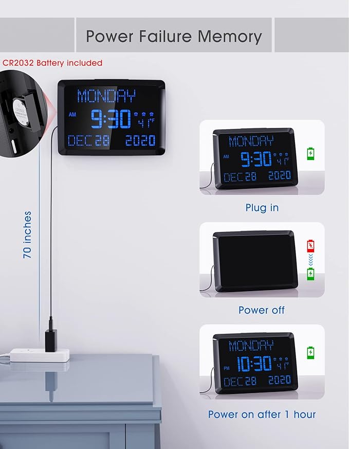 11.5" Large Display Digital Calendar Clock for Seniors, Digital Clock with Date and Day of Week for Elderly, 3 Alarms, 5 Dimmer, Temperature, Alarm Clock for Bedroom Living Room