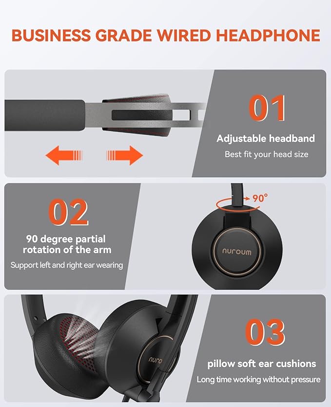 NUROUM HP11SU USB Headset with Microphone for PC, Single-Ear Headphones with ENC Boom Mic, Wired Computer Headset with Inline Control, USB A/Type-C/3.5mm for Work/Home Office/Call Center Zoom/Teams