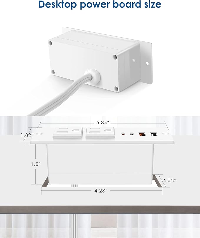 30W USB C Recessed Power Strip,Flat Plug Power Strip,2 Outlets 4 USB Ports,Furniture Flush Mount Desk Outlet,Recessed Outlet for Side Table/Sofa Table,10ft Cord White