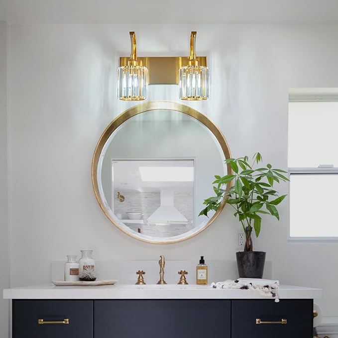 FDPBY Bathroom Crystal Vanity Lights 2-Light Gold Wall Lamp Modern Crystal Bathroom Light Fixtures Over Mirror 13.77" Long Wall Sconce