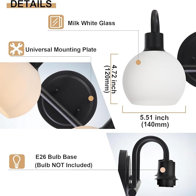 WINSHEN 2-Light Black Bathroom Light Fixture, Milk White Globe Wall Sconce Lamp for Hallway Bedroom Foyer Cabinets, Modern Vanity Lights E26 Socket