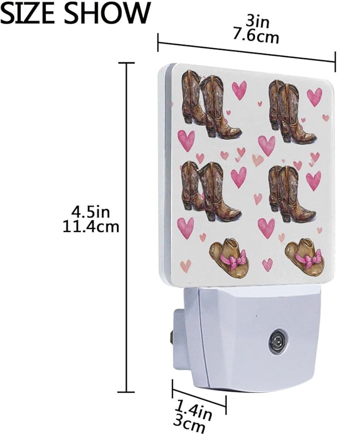 Pigsaly Led Night Light Cowgirl Hat Boots Pink Bow Hearts Night Light Plug in Wall Lamp Smart Dusk to Dawn Sensor Nightlight Led Lamp Energy Saving Lights Gift for Kids Room Bedroom Bathroom Hallway