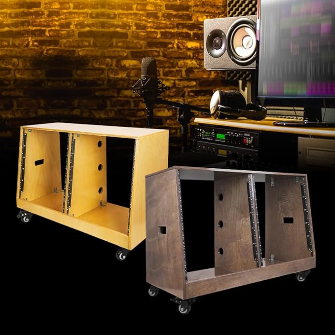 Sound Town DIY 2 x 12U Slanted Studio Rack with Solid Baltic Birch Plywood, Casters, Golden Oak for Recording Room, Home Studio (SDRK-D12T)