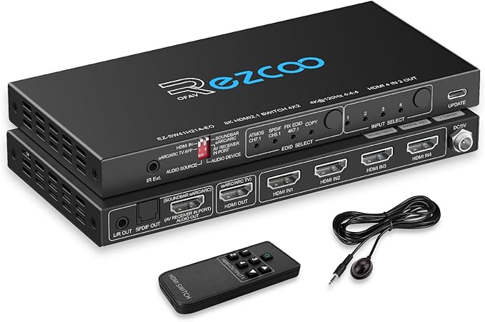 4K@120Hz HDMI 2.1 Switch 4 in 1 Out with Audio Extractor VRR ALLM HDCP2.3 ARC eARC HDR CEC SPDlF Optical and 3.5mm Audio Out D-o-l-b-y Digital EDID for PS5 Xbox NVIDIA AMD