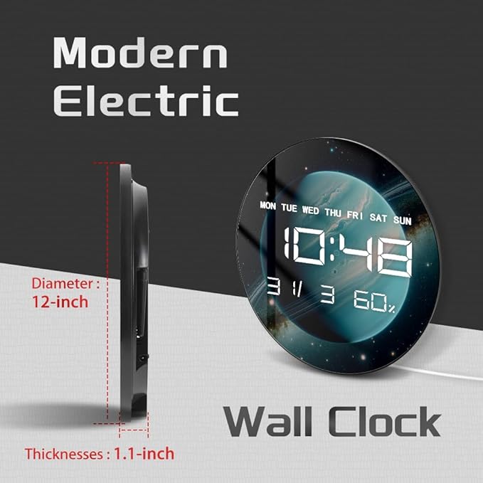 Timethink 12'' Planet Uranus Digital Wall Clock Large Display, Space Solar System Smart Wall Clock Electric Clock with Temperature, Date, 12/24hrs, Automatic Dimming, Plug in LED for Living Room