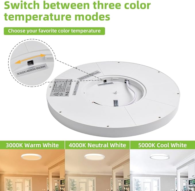 hykolity 2 Pack 12 Inch Selectable CCT LED Round Flat Panel Light, 24W 3000K/4000K/5000K, Edge-Lit Flush Mount Ceiling Light Fixture for Kitchen, Bedroom, Laundry and Closet Room，White
