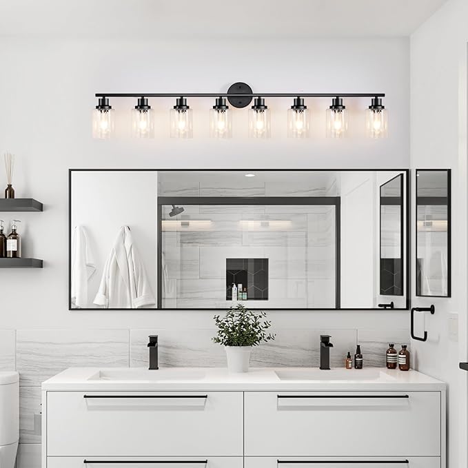 Guliaofo 8-Light Black Vanity Lights, Modern Bathroom Light Fixtures with Clear Glass Shade, Wall Lamps for Mirror Kitchen Hallway Cabinet Living Room Sconces Lights - E26