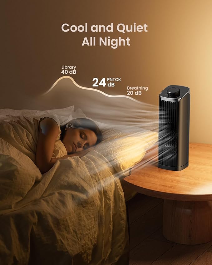 PNTCK Fan for Bedroom, 13" Tower Fan, 3 Speeds Max 23ft/s, 70° Oscillating Desk Fan, Bladeless Standing Fan, Portable Fans, 2025 New Cooling Fans for Office, Home