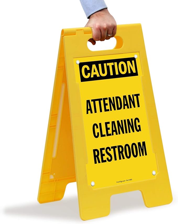 SmartSign 25 x 12 inch “Caution - Attendant Cleaning Restroom” Two-Sided Folding Floor Sign with Falling Symbol, Portable and Lightweight A-Frame, Easy Grip Handle, Plastic, Black and Yellow