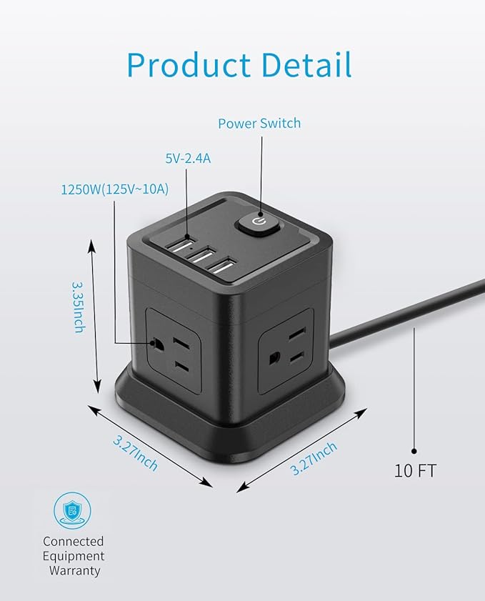 Power Strip with USB C, FDTEK Flat Plug Extension Cord with 4 Outlets and 3 USB Ports 10 FT Desk Power Strip Cube Overload Protection Compact Portable for Travel Home Office Cruise Ship - Black