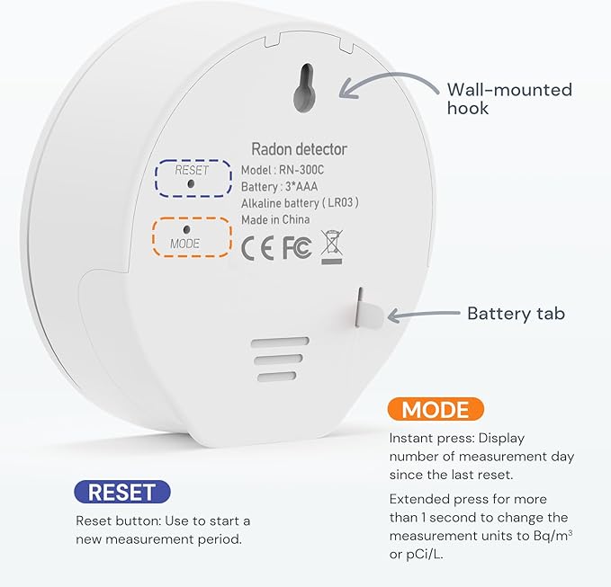 LifeBasis Radon Detector for Home, Portable E-Ink Display Radon Meter with Short & Long Term Monitoring of Radon Levels, Visual Alarm, Switchable Mesurement Unit Bq/m3 or pCi/L, Battery-Powered