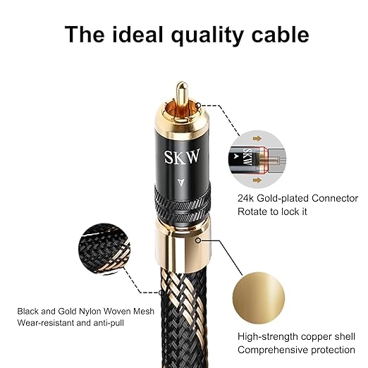 SKW Audiophiles Subwoofer Lock RCA Cable RCA to RCA Multiple Shield with Ultra-high Purity Copper Digital Coaxial Cable for HiFi Systems 4.9ft/1.5m