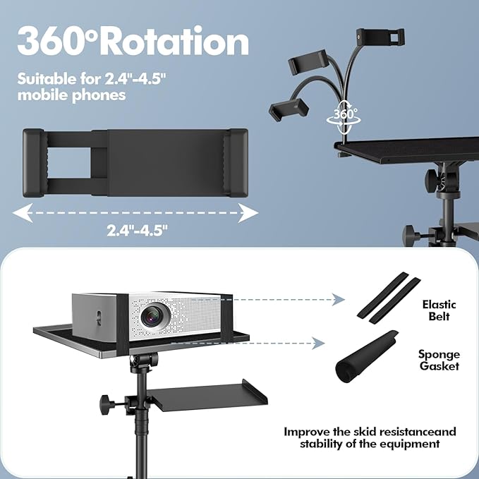 OUKMIC Projector Stand Tripod Laptop Tripod on Wheels with 2 Shelves, Adjustable Height 26 to 49 Inch Portable Podium Stand with Gooseneck Phone Holder for Office, School, Home, DJ Racks