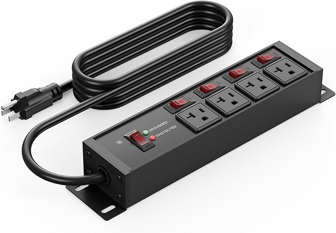 CCCEI Heavy Duty Surge Protector Power Strip 20 Amp Individual Switches. 10FT 12 Gauge Extension Cord with Multiple Outlets. Kitchen, Garage, Shop, Industrial Wall Mount Electric Extender, Black.