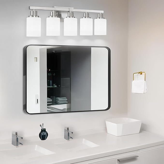 DIKAIDA 5-Light Bathroom Light Fixtures, 30" Nickel Bathroom Vanity Light with Milky White Glass Shade, Modern Bathroom Wall Lights Over Mirror, Farmhouse Wall Sconces Lighting for Bedroom Living Room