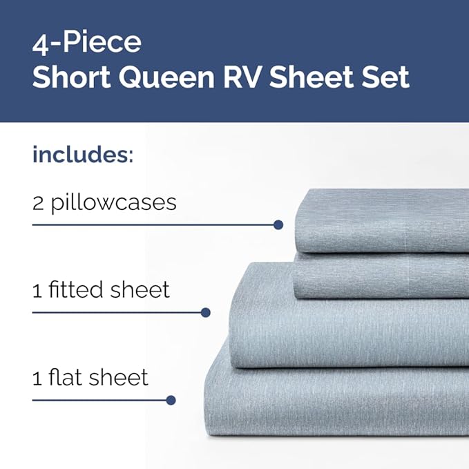 RV Short Queen Sheet Set 60 X 75 - 4 Piece RV Short Queen Bed Sheets - Soft, Breathable & Cooling - Designed for Bunks, Trailers & Campers - Fits 8” to 12" Mattress - Luxury Bedding - Heathered Blue