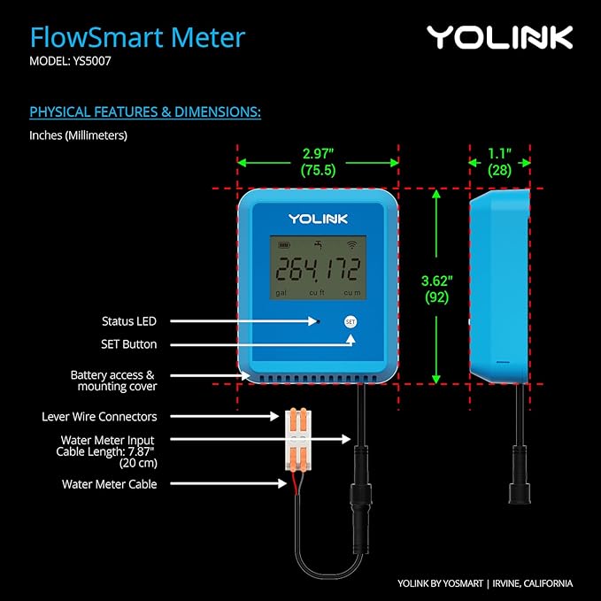 YoLink FlowSmart NSF Water Meter, Smart Water Usage Monitor and Water Leak Detection: 0.75 Inch Advanced Smart Home Water Meter, Hub Included, YS1603+YS5007