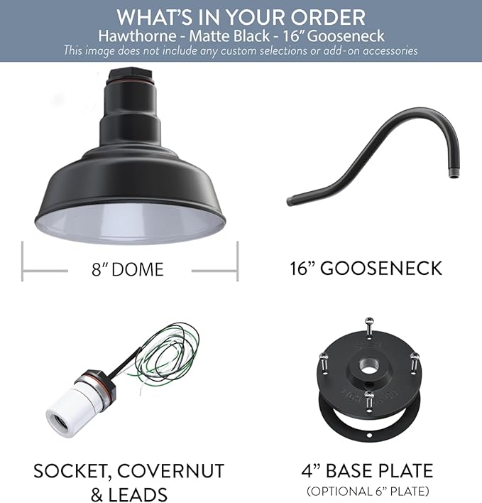 Steel Lighting Co. Hawthorne Barn Light | Outdoor Wall Mounted | 8 inch Dome | 16 inch Gooseneck| Small Farmhouse Light Made in America | Matte Black Exterior/White Interior