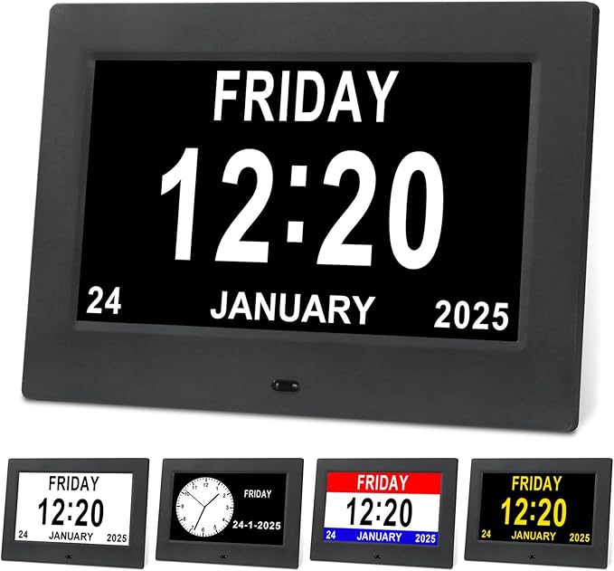Irednolw Black Clock with Day and Date for Elderly Dementia Patients-Large Number Digital Clocks for Seniors-Digital Calendar Day Clock for Seniors Large with 12 Alarms, Auto Dimming