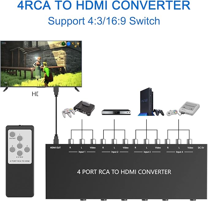 Azduou 4 AV to HDMI, 1080P/720P 4 Way RCA Composite CVBS AV Switch to HDMI Converter Adapter Support 4:3/16:9 Switching, for Sega Xbox PS1 PS2 PS3 N64 NGC SNES WII VHS VCR Camera DVD （with Remote）