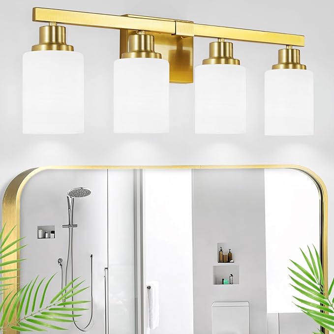 DIKAIDA 4-Light Gold Vanity Light, Modern Gold Bathroom Light Fixtures Over Mirror with Milky White Glass Shade, Bath Wall Mount Lights Wall Lamp for Mirror Bedroom, Living Room Hallway Kitchen