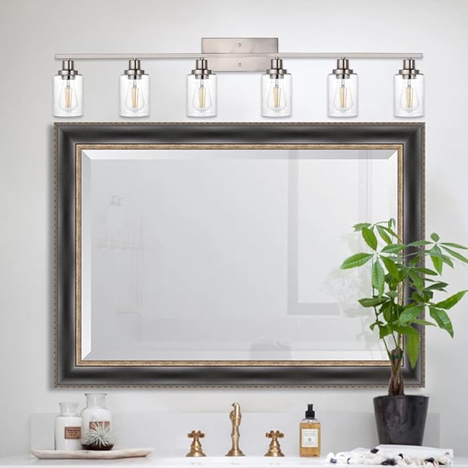 WINSHEN 6-Lights Bathroom Vanity Light Fixtures with Seeded Glass Lampshades, 45.3-Inches Length Modern Brushed Nickel Wall Light Fixture for Kitchen Bathroom Lighting