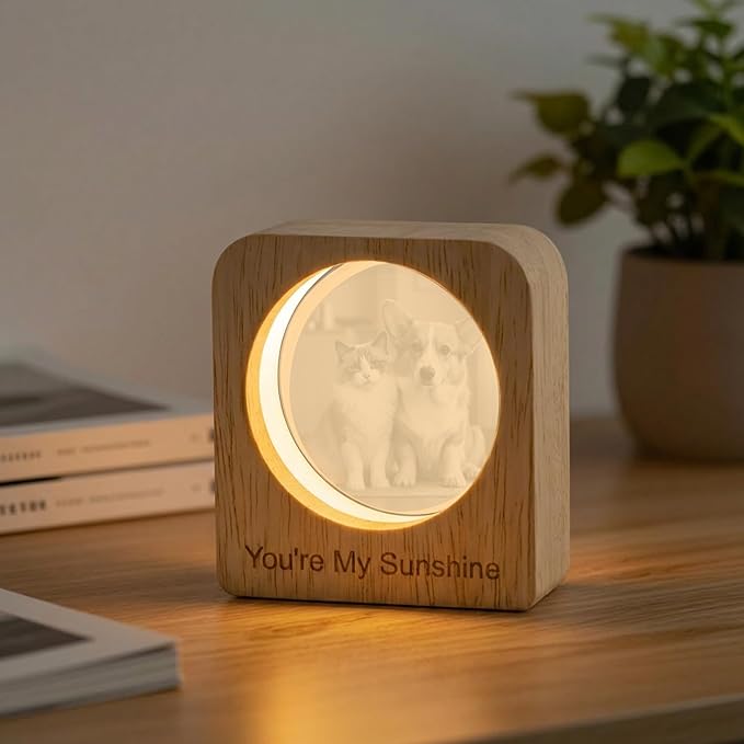 Yijhpbc Custom 3D Crystal Photo Night Light Personalized Photo Crystal Ball Engraved Picture Lamp with Wood Base Memorial Gift for Pets Family Couple Birthday Valentine's Day (Style 4)