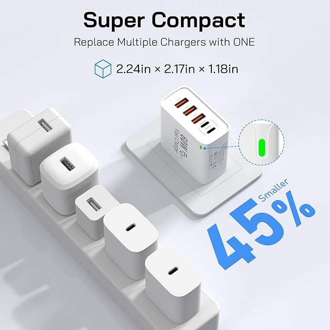 2Pack USB C Fast Charger Block, Total 60W 5-Port USB C Wall Charger with 6.6FT USBC to USBC Cord, 2USB C+3USB A PD 3.0 Multiport Charging Cube for iPhone 17 16 15 Pro Max, G-alaxy S25 S24 Ultra, i Pad