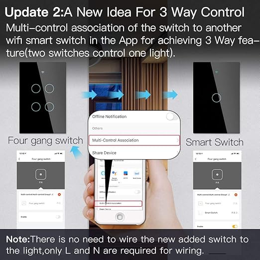 MoesGo WiFi Smart Wall Light Switch,Glass Panel, Multi-Control(3 Way), 2.4GHz Wi-Fi Touch Switches, Neutral Wire Required, Remote Control Smart Life/Tuya App, Work with Alexa, Google Home Black 4 Gang