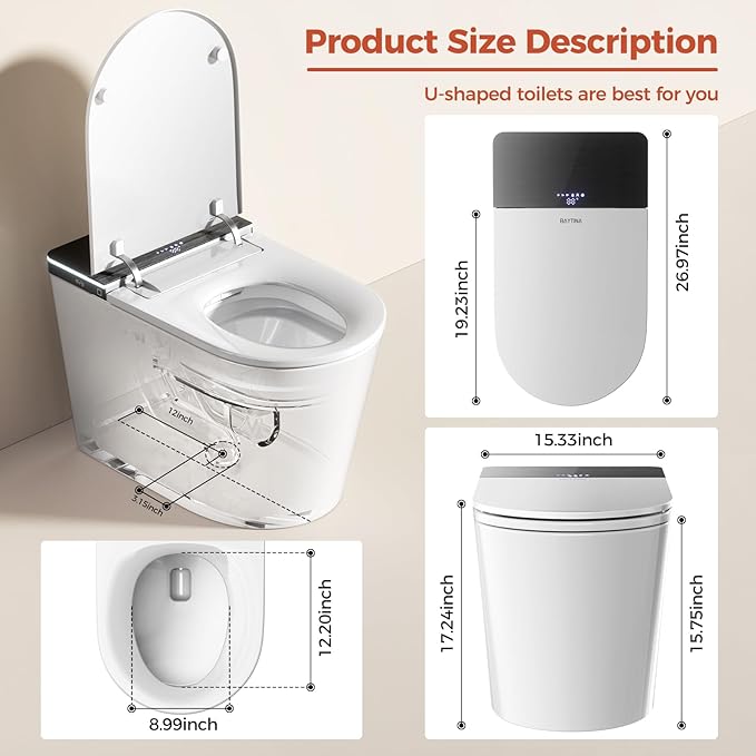 BAYTINA Smart Toilet, One Piece Toilet with Bidet Built in,Modern Elongated Toilet with Built-in Tank, Heated Toilet Seat, Bidet Warm Water, Dryer, Automatic Toilet Flusher, Foot Sensor Operation