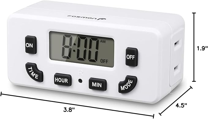 Fosmon Digital Timer for Electrical Outlets, Indoor 24 Hour Light Timer Programmable, Mini Plug in Outlet for Lamps, Fans, Grow Lights, 2 On/Off Programs, 15A/1875W, ETL Listed