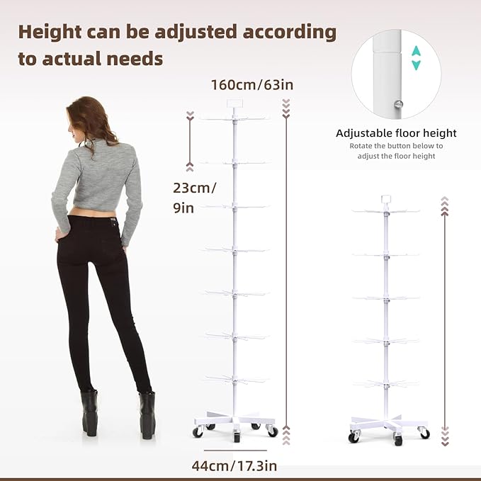 YEOOE Upgraded Retail Display Stand 7 Tier Spinning Display Stand, Movable Shop Spinner Rack with Hooks, Retail Display Racks for Jewelry Keyring Hats Socks Toys (White)