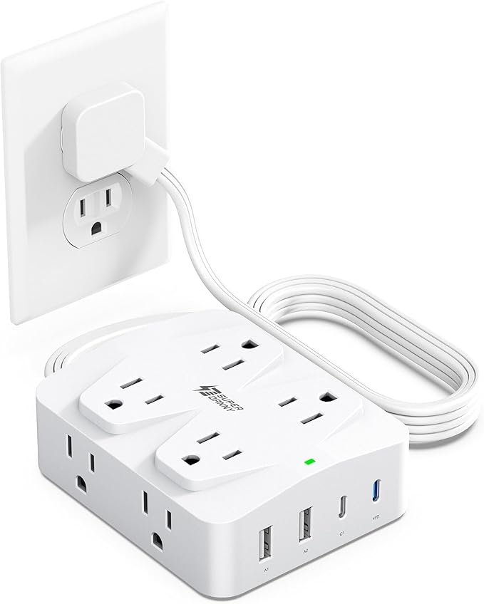 35W Fast Charging SUPERDANNY 4-Outlet 4-USB Power Strip with 20W C Port Fast Charge–6FT Extension Cord, Surge Protector 1080J, Overload Switch, Mountable, for Home, Office, School, Dorm - White