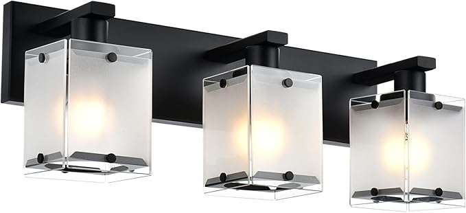 WINSHEN 3-Lights Bathroom Light Fixture Over Mirror, Modern Black Wall Sconce Vanity Lighting Fixtures with Rectangular Frosted Glass Shade for Bathroom Kitchen Bedroom, E26 Bulb Base