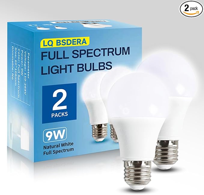 LQ BSDERA 2PK Full Spectrum Light Bulbs, 9W, 6000K Natural Light That Mimic Sunlight, Boosts Mood, Energy, Focus, A19, Sunlike Happy Light Bulbs with E26/27 Base for Most Lamps