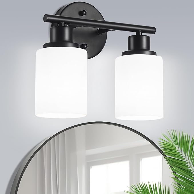 Guliaofo 2-Light Vanity Lights, Black Bathroom Light Fixture with Striped Textured Milky White Glass Shade, Modern Vanity Lighting Fixture for Bathroom Wall Light Over Mirror, E26 Wall Sconce