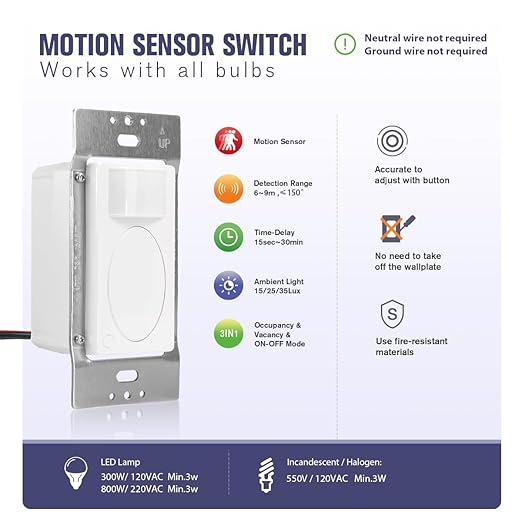 RAYZEEK 2 Pack PIR Motion Sensor Light Switch,Occupancy Sensor Switch | 5Amp | Sigle-Pole | No Neutral Required, Operable Without Ground Wire,PC Fireproof,UL Listed