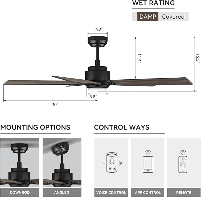 SMAAIR Smart Ceiling Fans with Lights and Remote, 60 Inch Low Profile Ceiling Fan with Dimmable LED Light, 10-Speed Reversible DC Motor Compatible with Alexa/Google Assistant/Siri (Walnut/Light Wood)
