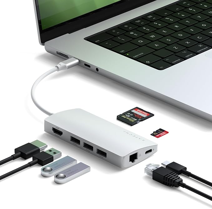 Satechi 8 in 1 USB C Hub Multiport Adapter V2, 4K HDMI, 115W USB C PD Charging, 3 USB-A, Ethernet, Micro/SD Card Readers, for Laptop, MacBook Air/Pro M5/M4, iPad, Windows - Silver