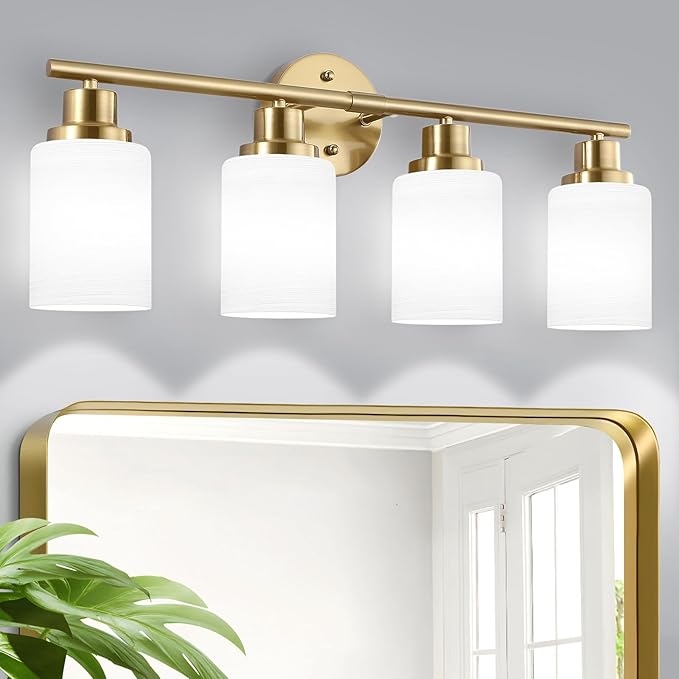 Guliaofo 4-Light Vanity Lights, Brushed Gold Bathroom Light Fixture with Striped Textured Milky White Glass Shade, Modern Vanity Lighting Fixture for Bathroom Wall Light Over Mirror, E26 Wall Sconce
